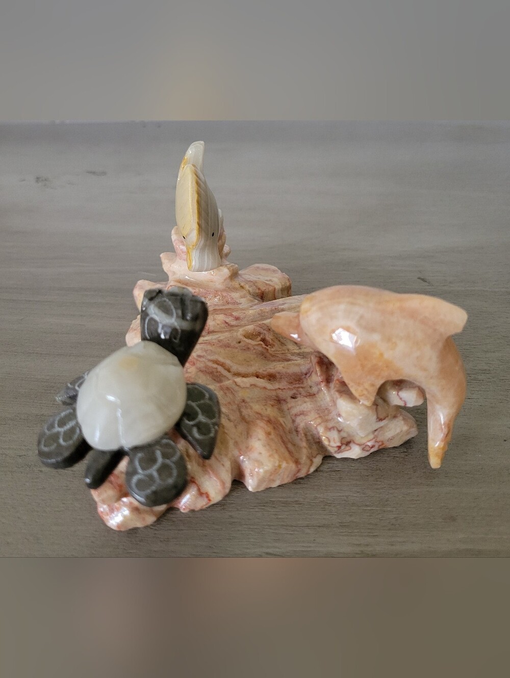 Carved Soapstone Marble Sea Life Sculpture Sea Turtle, Dolphin & Tropical Fish